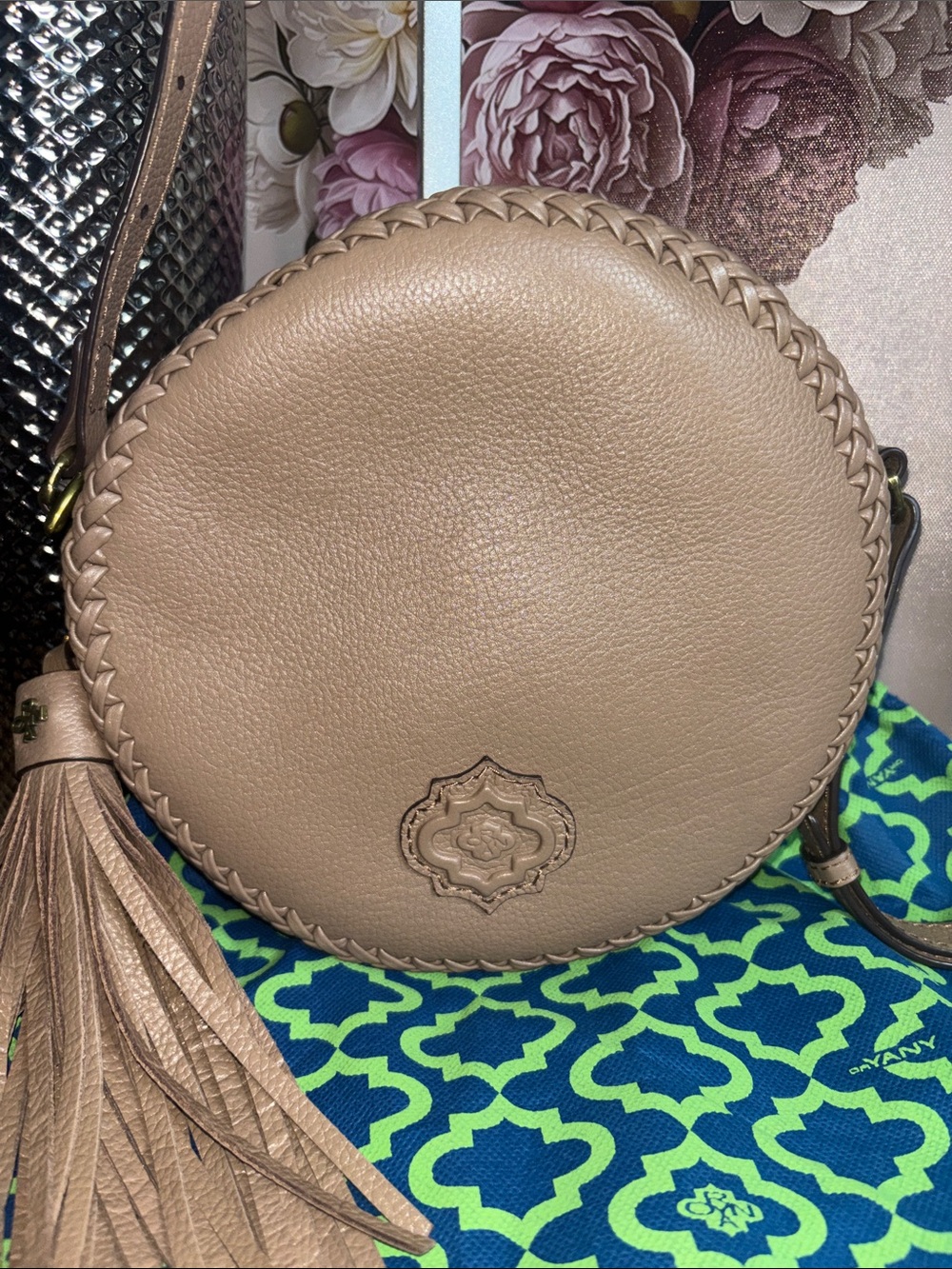 orYANY Kaye Taupe Pebble Leather Canteen Round Crossbody Bag